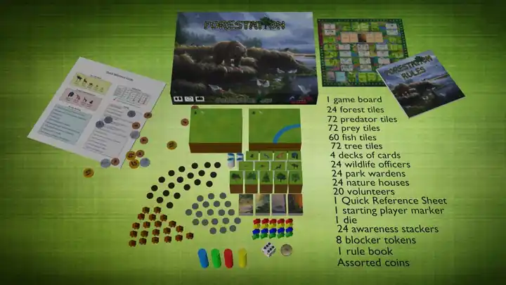 Everything in the Forestation box laid out: board, tiles, cards, wooden pieces and coins