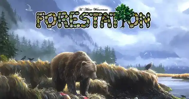 Forestation cover art: a grizzly bear among sea grass on a misty river shore